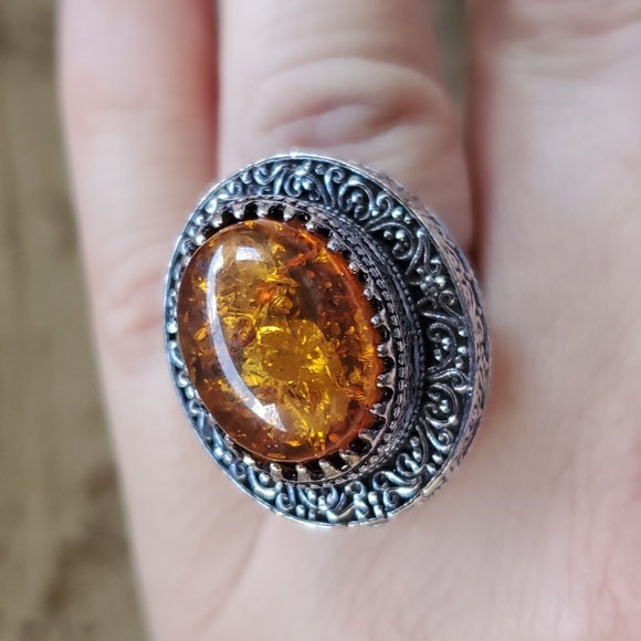 New Baltic Amber Antique Design 925 Silver Statement Ring. - Picture 10 of 16